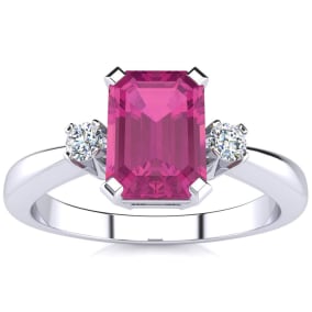 2 1/2 Carat Octagon Shape Created Pink Sapphire and Diamond Ring In Sterling Silver