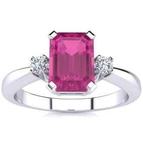 Pink Sapphire Ring: 2 1/2 Carat Octagon Shape Created Pink Sapphire and Diamond Ring In Sterling Silver