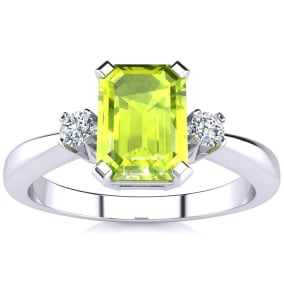 Peridot Ring: 2 1/2 Carat Octagon Shape Peridot and Diamond Ring In Sterling Silver