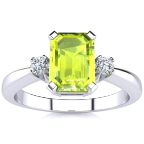 2 1/2 Carat Octagon Shape Peridot and Diamond Ring In Sterling Silver