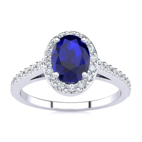 1 Carat Oval Shape Created Sapphire and Halo Diamond Ring In Sterling Silver