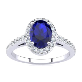 Sapphire Ring: 1 Carat Oval Shape Created Sapphire and Halo Diamond Ring In Sterling Silver