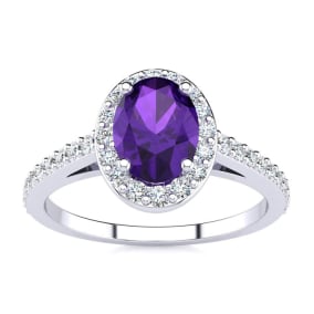 Amethyst Ring: 1 Carat Oval Shape Amethyst and Halo Diamond Ring In Sterling Silver