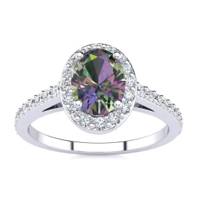Mystic Topaz Ring: 1 Carat Oval Shape Mystic Topaz and Halo Diamond Ring In Sterling Silver