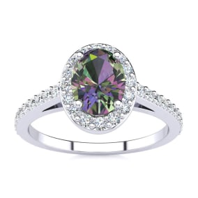 1 Carat Oval Shape Mystic Topaz and Halo Diamond Ring In Sterling Silver