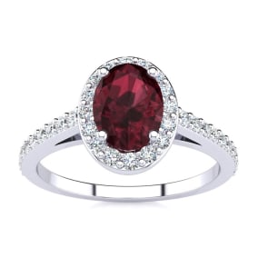 Garnet Ring: 1 Carat Oval Shape Garnet and Halo Diamond Ring In Sterling Silver