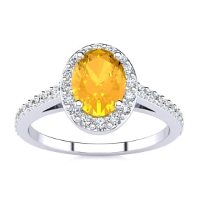 Citrine Ring: 1 Carat Oval Shape Citrine and Halo Diamond Ring In Sterling Silver