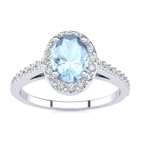 Aquamarine Ring: 1 Carat Oval Shape Aquamarine and Halo Diamond Ring In Sterling Silver