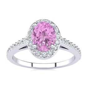 Pink Sapphire Ring: 1 Carat Oval Shape Created Pink Sapphire and Halo Diamond Ring In Sterling Silver