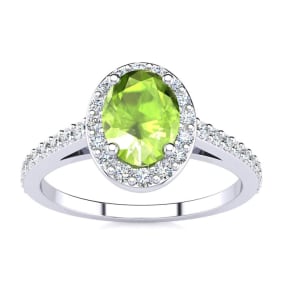 Peridot Ring: 1 Carat Oval Shape Peridot and Halo Diamond Ring In Sterling Silver