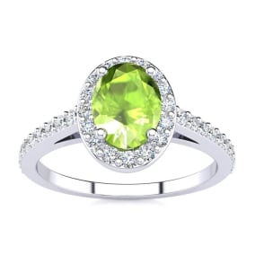 1 Carat Oval Shape Peridot and Halo Diamond Ring In Sterling Silver