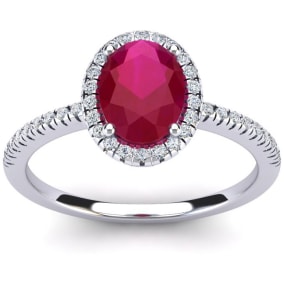 1 1/2 Carat Oval Shape Created Ruby and Halo Diamond Ring In Sterling Silver