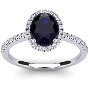 Sapphire Ring: 1 1/2 Carat Oval Shape Created Sapphire and Halo Diamond Ring In Sterling Silver