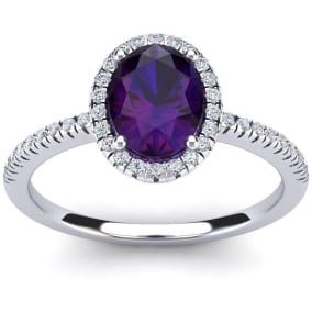 Amethyst Ring: 1 1/2 Carat Oval Shape Amethyst and Halo Diamond Ring In Sterling Silver