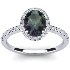 Mystic Topaz Ring: 1 1/2 Carat Oval Shape Mystic Topaz and Halo Diamond Ring In Sterling Silver