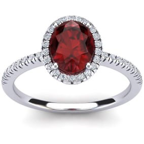 Garnet Ring: 1 1/2 Carat Oval Shape Garnet and Halo Diamond Ring In Sterling Silver