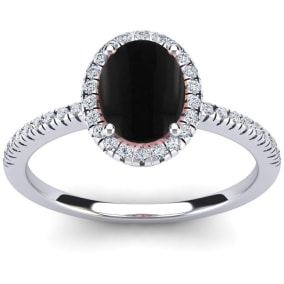 1 1/2 Carat Oval Shape Black Onyx and Halo Diamond Ring In Sterling Silver