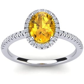 Citrine Ring: 1 1/2 Carat Oval Shape Citrine and Halo Diamond Ring In Sterling Silver