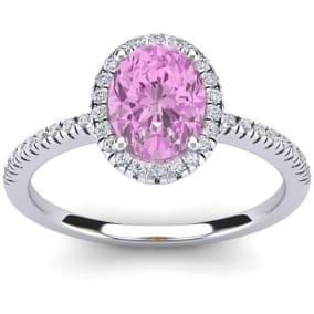 1 1/2 Carat Oval Shape Created Pink Sapphire and Halo Diamond Ring In Sterling Silver