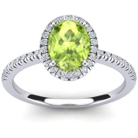 Peridot Ring: 1 1/2 Carat Oval Shape Peridot and Halo Diamond Ring In Sterling Silver