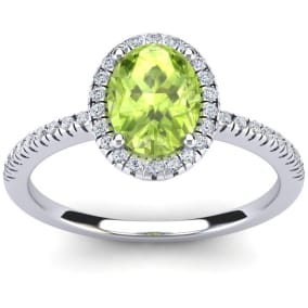 1 1/2 Carat Oval Shape Peridot and Halo Diamond Ring In Sterling Silver