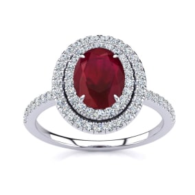 1 1/2 Carat Oval Shape Created Ruby and Double Halo Diamond Ring In Sterling Silver