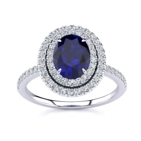 1 1/2 Carat Oval Shape Created Sapphire and Double Halo Diamond Ring In Sterling Silver