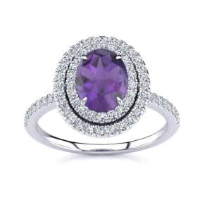 Amethyst Ring: 1 1/2 Carat Oval Shape Amethyst and Double Halo Diamond Ring In Sterling Silver