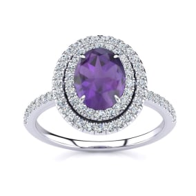 1 1/2 Carat Oval Shape Amethyst and Double Halo Diamond Ring In Sterling Silver
