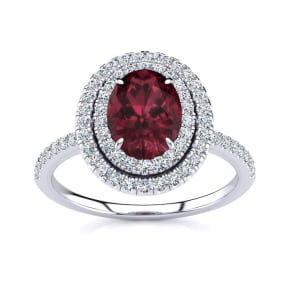 Garnet Ring: 1 1/2 Carat Oval Shape Garnet and Double Halo Diamond Ring In Sterling Silver