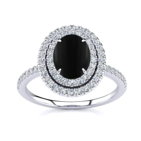 1 1/2 Carat Oval Shape Black Onyx and Double Halo Diamond Ring In Sterling Silver
