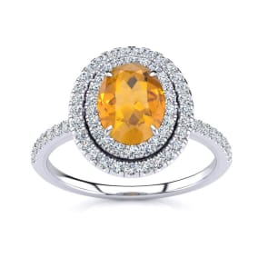 Citrine Ring: 1 1/2 Carat Oval Shape Citrine and Double Halo Diamond Ring In Sterling Silver