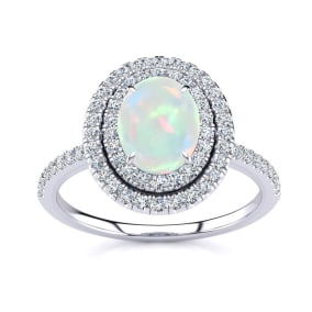 Opal Ring: 1 1/2 Carat Oval Shape Created Opal and Double Halo Diamond Ring In Sterling Silver