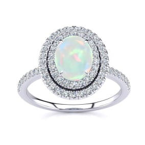 1 1/2 Carat Oval Shape Created Opal and Double Halo Diamond Ring In Sterling Silver
