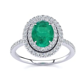 1 1/2 Carat Oval Shape Created Emerald and Double Halo Diamond Ring In Sterling Silver