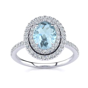 Aquamarine Ring: 1 1/2 Carat Oval Shape Aquamarine and Double Halo Diamond Ring In Sterling Silver