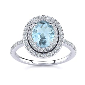 1 1/2 Carat Oval Shape Aquamarine and Double Halo Diamond Ring In Sterling Silver