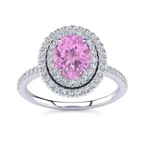 Pink Sapphire Ring: 1 1/2 Carat Oval Shape Created Pink Sapphire and Double Halo Diamond Ring In Sterling Silver