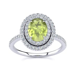 Peridot Ring: 1 1/2 Carat Oval Shape Peridot and Double Halo Diamond Ring In Sterling Silver