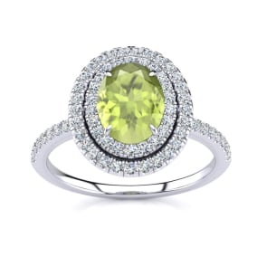 1 1/2 Carat Oval Shape Peridot and Double Halo Diamond Ring In Sterling Silver