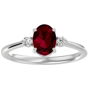 1 1/3 Carat Oval Shape Created Ruby and Two Diamond Ring In Sterling Silver