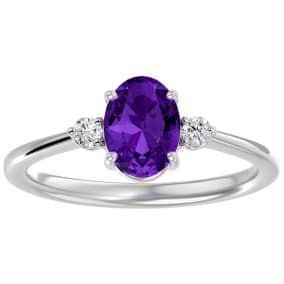 1 1/3 Carat Oval Shape Amethyst and Two Diamond Ring In Sterling Silver