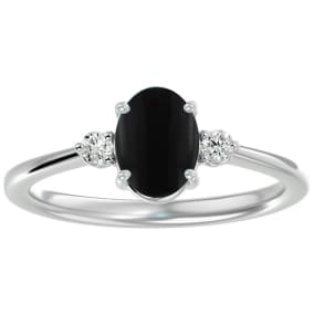 1 1/3 Carat Oval Shape Black Onyx and Two Diamond Ring In Sterling Silver