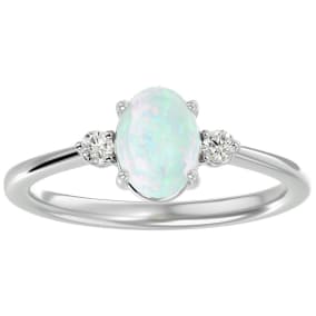 Opal Ring: 1 1/3 Carat Oval Shape Created Opal and Two Diamond Ring In Sterling Silver