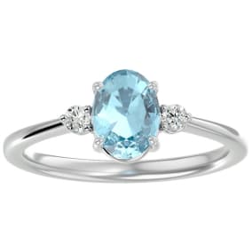 Aquamarine Ring: 1 1/3 Carat Oval Shape Aquamarine and Two Diamond Ring In Sterling Silver