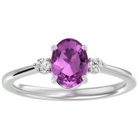 Pink Sapphire Ring: 1 1/3 Carat Oval Shape Created Pink Sapphire and Two Diamond Ring In Sterling Silver