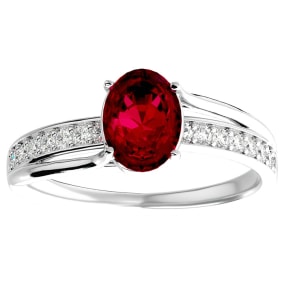 1 1/2 Carat Oval Shape Created Ruby and Diamond Ring In Sterling Silver