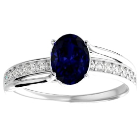 Sapphire Ring: 1 1/2 Carat Oval Shape Created Sapphire and Diamond Ring In Sterling Silver