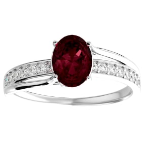 Garnet Ring: 1 1/2 Carat Oval Shape Garnet and Diamond Ring In Sterling Silver