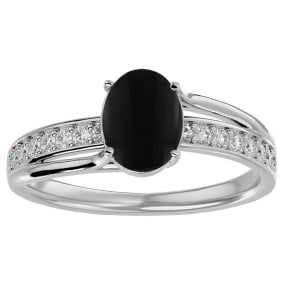 1 1/2 Carat Oval Shape Black Onyx and Diamond Ring In Sterling Silver